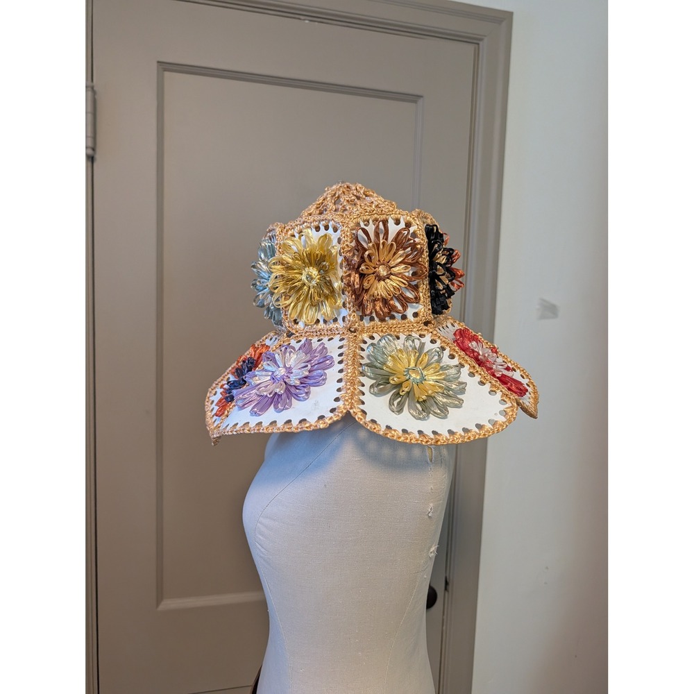 Vintage 70s Crochet Raffia Flower Daisy Bucket Sun Hat Handmade Multi Color Boho - Picture 5 of 8